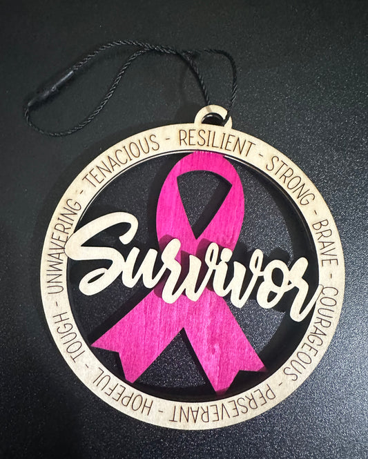 Survivor with Breast Cancer Ribbon Wooden Ornament